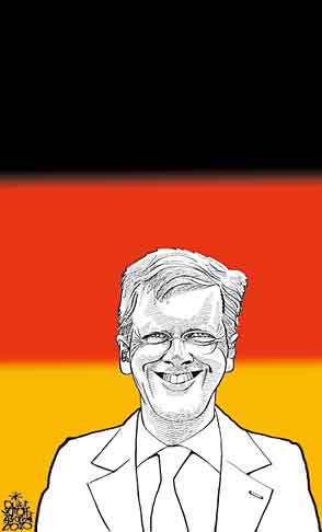  Oliver Schopf, politischer Karikaturist aus Österreich, politische Karikaturen, Illustrationen Archiv politische Karikatur Deutschland 2011  bundespraesident christian wulff zeichnung karikatur fahne schwarz rot gold