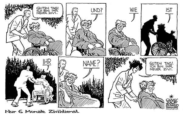  Oliver Schopf, politischer Karikaturist aus Österreich, politische Karikaturen, Illustrationen Archiv politische Karikatur Deutschland  2010 zivildienst verkuerzung 6 monate zivi patient rollstuhl 