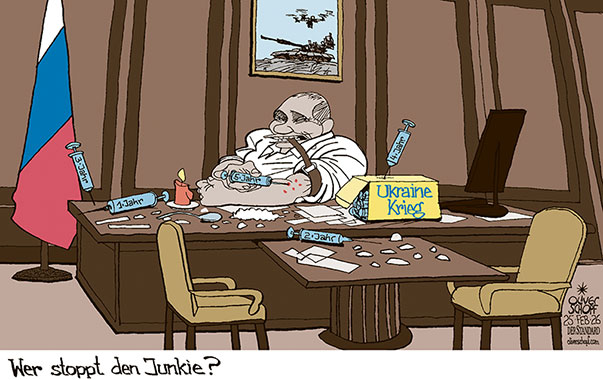 Oliver Schopf, politischer Karikaturist aus Österreich, politische Karikaturen aus Österreich, Karikatur Cartoon Illustrationen Politik Politiker Europa @oliverschopf.bsky.social 2026: UKRAINE KRIEG 4 JAHRE DAUER PUTIN KRIEGSHERR JUNKIE FIXER DROGEN DROGENABHÄNGIG SPRITZEN SUCHT SÜCHTIG BÜRO KREML










 



