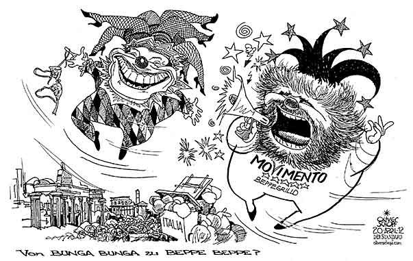 Oliver Schopf, politischer Karikaturist aus Österreich, politische Karikaturen aus Österreich, Karikatur Illustrationen Politik Politiker Europa 2012 ITALIEN BERLUSCONI BEPPE GRILLO BUNGA BUNGA MOVIMENTO 5 STELLE HARLEKIN 


 


 
   