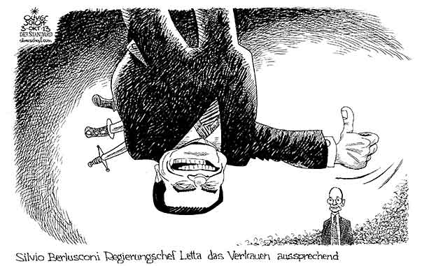 Oliver Schopf, politischer Karikaturist aus Österreich, politische Karikaturen aus Österreich, Karikatur Illustrationen Europa 2013 ITALIEN BERLUSCONI LETTA REGIERUNG VERTRAUEN ABSTIMMUNG DAUMEN CAESAR IMPERATOR MORD MESSER DOLCH


