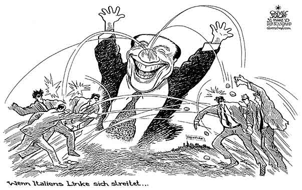 Oliver Schopf, politischer Karikaturist aus Österreich, politische Karikaturen aus Österreich, Karikatur Illustrationen Politik Politiker Europa 2010: italien regionalwahlen berlusconi linke streiten werfen 

 
   