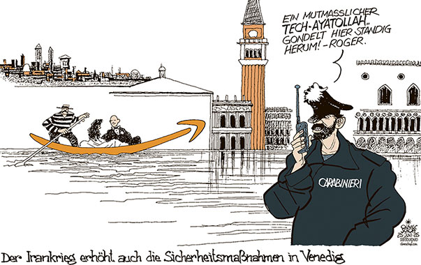 Oliver Schopf, politischer Karikaturist aus Österreich, politische Karikaturen aus Österreich, Karikatur Cartoon Illustrationen Politik Politiker Europa @oliverschopf.bsky.social 2025: JEFF BEZOS AMAZON HOCHZEIT VENEDIG GONDEL MARKUSPLATZ DOGENPALAST SICHERHEIT CARABINIERI IRAN KRIEG 









 



