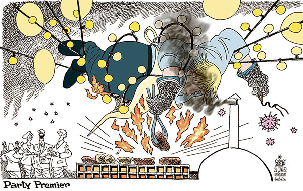 Oliver Schopf, politischer Karikaturist aus Österreich, politische Karikaturen aus Österreich, Karikatur Cartoon Illustrationen Politik Politiker Europa, 2022: GROSSBRITANNIEN BORIS JOHNSON PREMIERMINISTER GARTENPARTY DEKO BELEUCHTUNG GLÜHBRNEN GRILLEN GRILLOFEN FEUER VERHEDDERN KABEL CORONAVIRUS PANDEMIE SARS-CoV-2 







