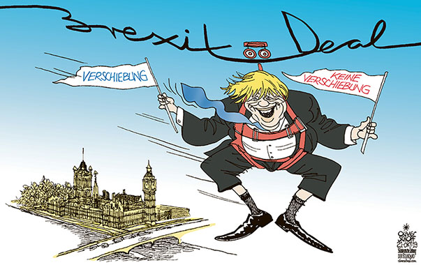  Oliver Schopf, politischer Karikaturist aus Österreich, politische Karikaturen, Illustrationen Archiv politische Karikatur Europa Great Britain UK GROSSBRITANNIEN BREXIT 2019 BREXIT VERLÄNGERUNG VERSCHIEBUNG DEAL BORIS JOHNSON SEIL HÄNGEN LONDON BÜRGERMEISTER PARLAMENT UNTERHAUS 
