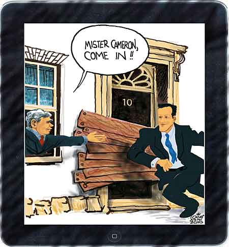 Oliver Schopf, politischer Karikaturist aus Österreich, politische Karikaturen aus Österreich, Karikatur Illustrationen Politik Politiker Europa 2010: großbritannien wahl downing street number 10 brown cameron iPad


 
   