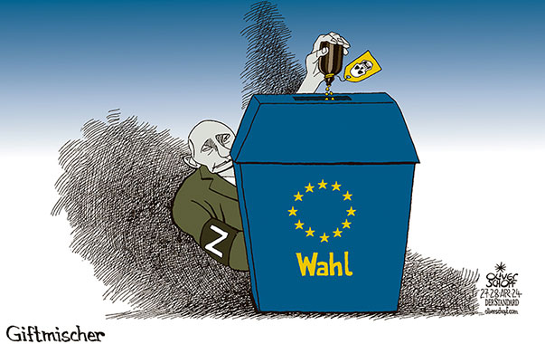 Oliver Schopf, politischer Karikaturist aus Österreich, politische Karikaturen aus Österreich, Karikatur Cartoon Illustrationen Politik Politiker Europa 2024: EU EUROPÄISCHE UNOIN WAHLEN PUTIN EINFLUSS BEEINFLUSSUNG MANIPULATION GIFT GIFTMISCHER GIFTFLASCHE TRÄUFELN WAHLURNE



 















