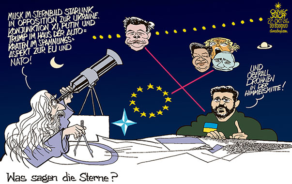 Oliver Schopf, politischer Karikaturist aus Österreich, politische Karikaturen aus Österreich, Karikatur Cartoon Illustrationen Politik Politiker Europa @oliverschopf.bsky.social 2026: EUROPA EU NATO UKRAINE KRIEG ZUKUNFT ASTROLOGIE HOROSKOP ASTROLOGE STERNE STERNBILD MUSK STARLINK XI JINPING PUTIN TRUMP SELENSKYJ KONJUNKTION ASPEKT DROHNEN HIMMELSMITTE 



















 



