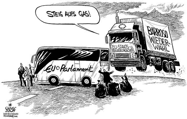  Oliver Schopf, politischer Karikaturist aus Österreich, politische Karikaturen aus Österreich, Karikatur Illustrationen Europa 2009: barroso wiederwahl lkw eu und staatsregierungschefs schreien steig aufs gas das eu-parlament blockiert die strasse
eu, europäische union Eu, staats- und regierungschefs, eu-parlament, barroso, wiederwahl, lkw, bus, blockade Politik Politiker  
   