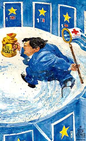 Oliver Schopf, editorial cartoons from Austria, cartoonist from Austria, Austrian illustrations, illustrator from Austria, editorial cartoon politics politician Europe 2011 eu budget barroso greek aid bail-out collecting box run circle

