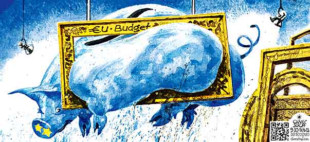 Oliver Schopf, editorial cartoons from Austria, cartoonist from Austria, Austrian illustrations, illustrator from Austria, editorial cartoon politics politician Europe, Cartoon Arts International, New York Times Syndicate, Cagle cartoon 2013   EU EURO BUDGET PIGGY BANK PICTURE FRAME






