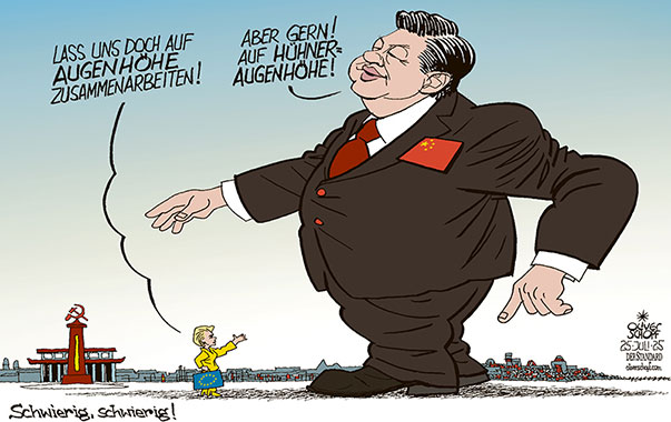 Oliver Schopf, politischer Karikaturist aus Österreich, politische Karikaturen aus Österreich, Karikatur Cartoon Illustrationen Politik Politiker Europa @oliverschopf.bsky.social 2025: EU EUROPÄISCHE UNION CHINA URSULA VON DER LEYEN XI JINPING STAATSBESUCH PEKING BEIJING BEZIEHUNG ZUSAMMENARBEIT VERHANDLUNGEN WIRTSCHAFT KLIMA TECHNOLOGIE AUF AUGENHÖHE HÜHNERAUGE 









 



