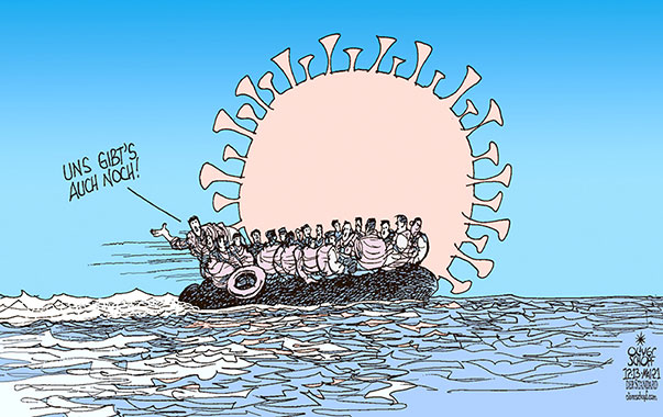 Oliver Schopf, politischer Karikaturist aus Österreich, politische Karikaturen aus Österreich, Karikatur Cartoon Illustrationen Politik Politiker Europa 2021: CORONAVIRUS KRISE SARS-CoV-2 COVID-19 PANDEMIE FLÜCHTLINGE MIGRANTEN MITTELMEER BOOT LAMPEDUSA 
