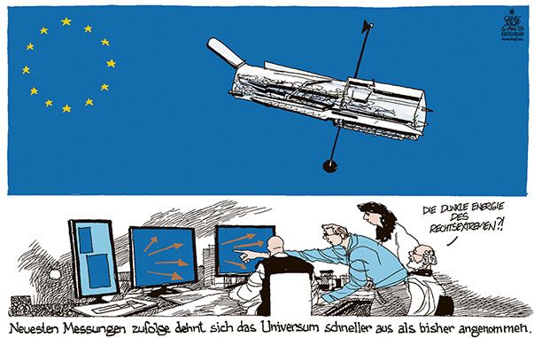  Oliver Schopf, politischer Karikaturist aus Österreich, politische Karikaturen, Illustrationen Archiv politische Karikatur Europäische Union 2018
EU WAHL STERNE UNIVERSUM EXPANSION HUBBLE TELESKOP DUNKLE ENERGIE RECHTSEXTREMISMUS NATIONALISMUS OBSERVATORIUM ASTRONOMEN  
  