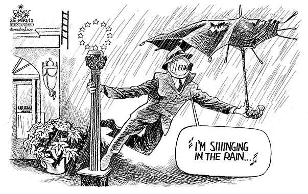 Oliver Schopf, politischer Karikaturist aus Österreich, politische Karikaturen aus Österreich, Karikatur Illustrationen Politik Politiker Europa 2011: eu euro waehrung schutz schirm ESM i’m singing in the rain regen film gene kelly  


 
   