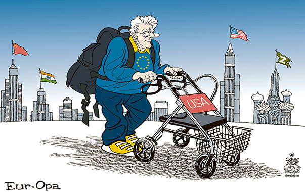 Oliver Schopf, politischer Karikaturist aus Österreich, politische Karikaturen aus Österreich, Karikatur Cartoon Illustrationen Politik Politiker Europa 2024: EU EUROPA OPA GROSSVATER ALT ABHÄNGIGKEIT USA ROLLATOR EIGENSTÄNDIGKEIT FIT CHINA INDIEN RUSLAND





 



