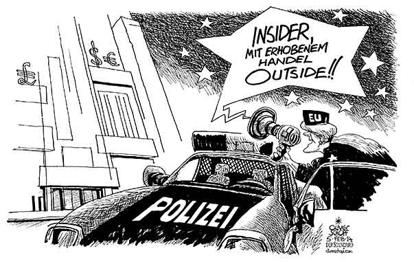 Oliver Schopf, politischer Karikaturist aus Österreich, politische Karikaturen aus Österreich, Karikatur Cartoon Illustrationen Politik Politiker Europa 2014: EU BANKEN GELD INSIDERHANDEL ZINSMANIPULATION LIBOR POLIZEI FESTNAHME MEGAFON 
