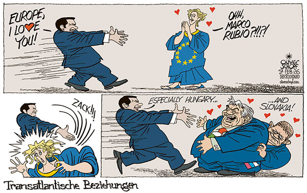 Oliver Schopf, politischer Karikaturist aus Österreich, politische Karikaturen aus Österreich, Karikatur Cartoon Illustrationen Politik Politiker Europa @oliverschopf.bsky.social 2026: USA MARCO RUBIO AUSSENMINISTER EU EUROPA MSC MÜNCHNER SICHERHEITSKONFERENZ VIKTOR ORBÁN ROBERT FICO UNGARN SLOWAKEI LIEBE HERZEN TRANSATLANTISCHE BEZIEHUNGEN










 



