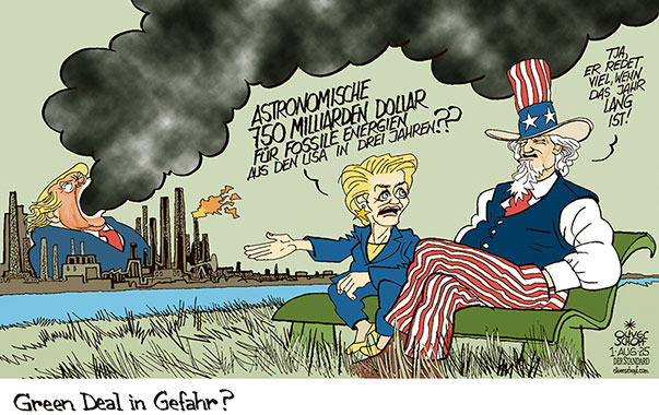 Oliver Schopf, politischer Karikaturist aus Österreich, politische Karikaturen aus Österreich, Karikatur Cartoon Illustrationen Politik Politiker Europa @oliverschopf.bsky.social 2025: EU EUROPÄISCHE UNION UVDL VON DER LEYEN USA UNCLE SAM TRUMP ZÖLLE FOSSILE ENERGIEN GAS KOHLE ÖL TREIBHAUSGAS GREEN DEAL KLIMAWANDEL KLIMANEUTRAL 









 



