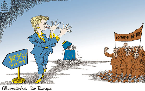 Oliver Schopf, politischer Karikaturist aus Österreich, politische Karikaturen aus Österreich, Karikatur Cartoon Illustrationen Politik Politiker Europa 2024: EU EUROPÄISCHE UNION WAHL URSULA VON DER LEYEN UVDL KOMMISSIONSPRÄSIDENTIN WIEDERWAHL RECHTSEXTREME PARTEIEN BRAUN ZUNGE ZEIGEN LANGE NASE ALTERNATIVLOS


 















