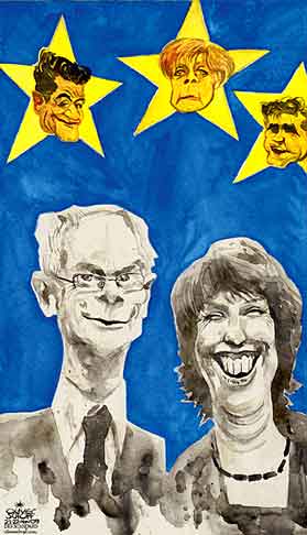 Oliver Schopf, politischer Karikaturist aus Österreich, politische Karikaturen aus Österreich, Karikatur Illustrationen Politik Politiker Europa 2009: eu, herman van rompuy, catherine ashton, eu-ratspraesident, hohe beauftragte für aussenpolitik, sterne, sarkozy, merkel, brown
   