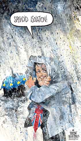 Oliver Schopf, editorial cartoons from Austria, cartoonist from Austria, Austrian illustrations, illustrator from Austria, editorial cartoon politics politician Europe 2011 
EURO CRISIS DEBT EFSF UMBRELLA RAIN CAMERON GREAT BRITAIN SPLENDID ISOLATION 
