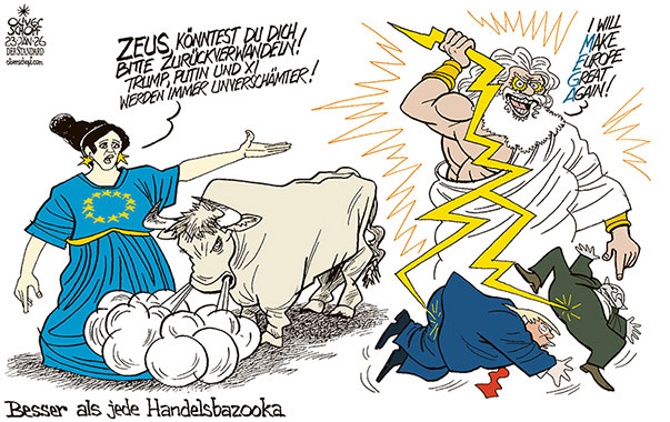 Oliver Schopf, politischer Karikaturist aus Österreich, politische Karikaturen aus Österreich, Karikatur Cartoon Illustrationen Politik Politiker Europa @oliverschopf.bsky.social 2026: EU EUROPÄISCHE UNION EUROPA STIER ZEUS TRUMP PUTIN XI HANDELSBAZOOKA ANTI-COERCION INSTRUMENT ACI BLITZE VERWANDELN FORMWANDLER










 



