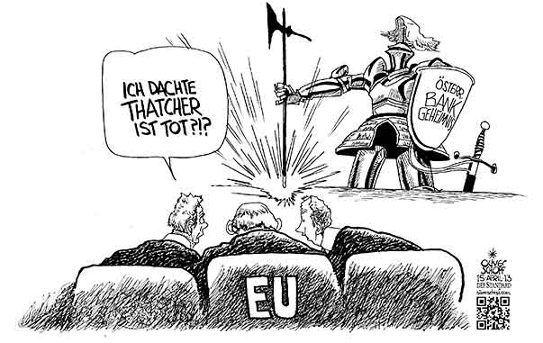 Oliver Schopf, politischer Karikaturist aus Österreich, politische Karikaturen aus Österreich, Karikatur Illustrationen Politik Politiker Europa 2013 BANKGEHEIMNIS EU FEKTER MARIA ECOFIN DUBLIN THATCHER EISERNE LADY RITTER RUESTUNG 


   