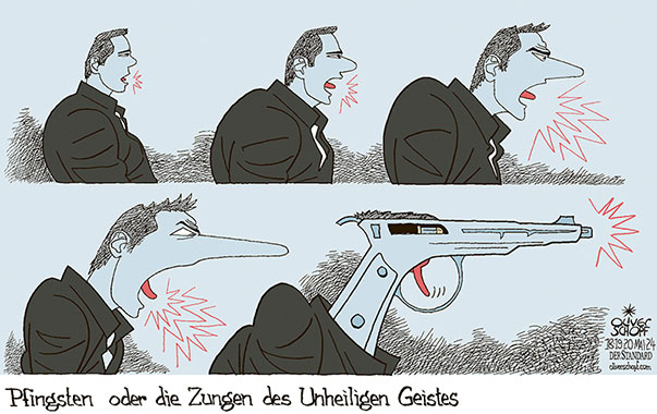 Oliver Schopf, politischer Karikaturist aus Österreich, politische Karikaturen aus Österreich, Karikatur Cartoon Illustrationen Politik Politiker Europa 2024: SLOWAKEI ROBERT FICO ATTENTAT SPRACHE SCHUSSWAFFE PFINGSTEN ZUNGEN HEILIGER GEIST GEWALT HASS 



 















