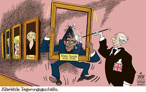 Oliver Schopf, politischer Karikaturist aus Österreich, politische Karikaturen aus Österreich, Karikatur Cartoon Illustrationen Politik Politiker Europa 2024: GROSSBRITANNIEN WAHLEN PREMIERMINISTER RISHI SUNAK VERLIERER GEMÄLDEGALERIE BILDERRAHMEN BUTLER ABSTAUBEN 
LIZ TRUSS BORIS JOHNSON THERESA MAY 


 















