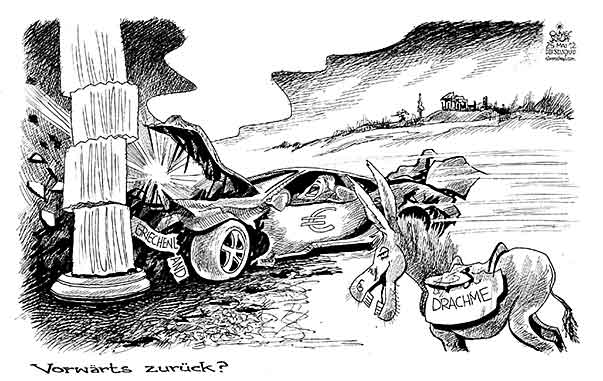 Oliver Schopf, politischer Karikaturist aus Österreich, politische Karikaturen aus Österreich, Karikatur Illustrationen Politik Politiker Europa 2012 GRIECHENLAND EURO KRISE DRACHME AUTO CRASH ESEL
 
   