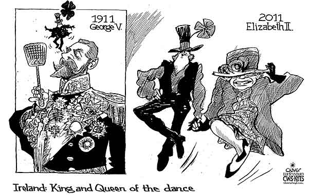 Oliver Schopf, editorial cartoons from Austria, cartoonist from Austria, Austrian illustrations, illustrator from Austria, editorial cartoon politics politician Europe 2011: irleand britain royal dance queen Elizabeth II. king george V. riverdance lord of the dance

