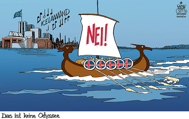 Oliver Schopf, politischer Karikaturist aus Österreich, politische Karikaturen aus Österreich, Karikatur Cartoon Illustrationen Politik Politiker Europa @oliverschopf.bsky.social 2026: ISLAND EU REFERENDUM ABSTIMMUNG BEITRITTSVERHANDLUNGEN NEIN NEI WIKINGER SCHIFF BRÜSSEL KOMMISSION GEBÄUDE SIRENEN GESANG ODYSSEE















 



