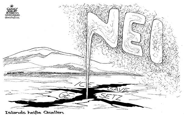 Oliver Schopf, politischer Karikaturist aus Österreich, politische Karikaturen aus Österreich, Karikatur Illustrationen Politik Politiker Europa 2010: island icesave gesetz referendum nein heisse quelle geysir nei