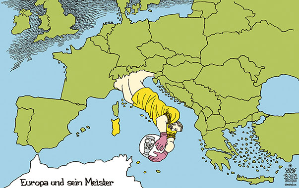 Oliver Schopf, politischer Karikaturist aus Österreich, politische Karikaturen aus Österreich, Karikatur Cartoon Illustrationen Politik Politiker Europa 2021: UEFA EURO 2020 FUSSBALL EUROPAMEISTER ITALIEN WEMBLEY ENGLAND FINALE SIEGER TORHÜTER TORMANN DONNARUMMA EUROPA KARTE


