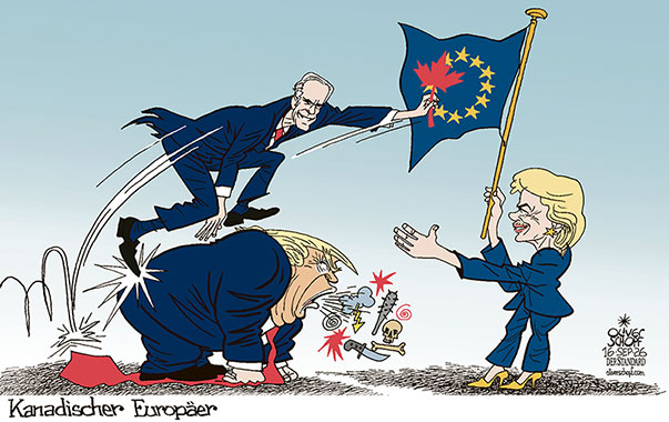 Oliver Schopf, politischer Karikaturist aus Österreich, politische Karikaturen aus Österreich, Karikatur Cartoon Illustrationen Politik Politiker Europa @oliverschopf.bsky.social 2026: KANADA EU EUROPÄISCHE UNION MARK CARNEY TRUMP VON DER LEYEN ASSOZIIERTE MITGLIEDSCHAFT FAHNE STERNE AHORNBLATT 















 



