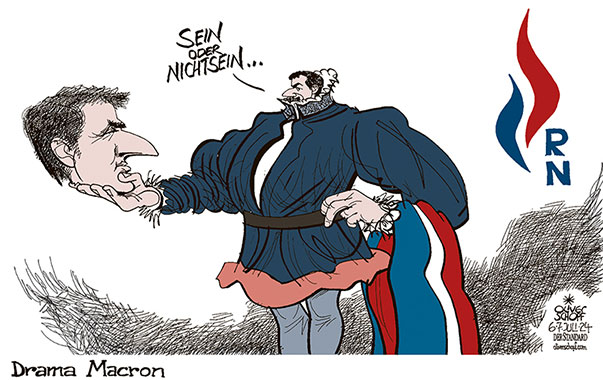 Oliver Schopf, politischer Karikaturist aus Österreich, politische Karikaturen aus Österreich, Karikatur Cartoon Illustrationen Politik Politiker Europa 2024: FRANKREICH WAHLEN EMMANUEL MACRON 2.  WAHLGANG RASSEMBLEMENT NATIONAL DRAMA HAMLET SEIN ODER NICHTSEIN EXISTENZ ÜBERLEBEN 

 















