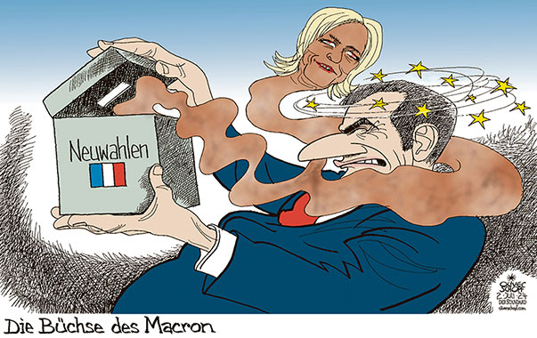 Oliver Schopf, politischer Karikaturist aus Österreich, politische Karikaturen aus Österreich, Karikatur Cartoon Illustrationen Politik Politiker Europa 2024: FRANKREICH PARLAMENTSWAHLEN EMMANUEL MACRON MARINE LE PEN BÜCHSE DER PANDORA RASSEMBLEMENT NATIONAL EXTREME RECHTE GEWINNER 1. WAHLGANG 

 















