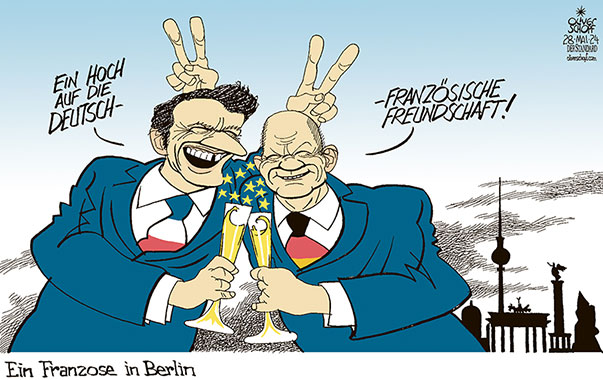 Oliver Schopf, politischer Karikaturist aus Österreich, politische Karikaturen aus Österreich, Karikatur Cartoon Illustrationen Politik Politiker Europa 2024: FRANKREICH DEUTSCHLAND MACRON SCHOLZ STAATSBESUCH DEUTSCH-FRANZÖSISCHE FREUNDSCHAFT FEIER FEIERN SEKT SEKTGLAS BERLIN EUROPÄISCHE UNION



 















