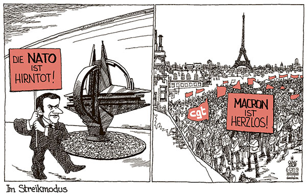  Oliver Schopf, politischer Karikaturist aus Österreich, politische Karikaturen, Illustrationen Archiv politische Karikatur Europa Frankreich  2019 FRANKREICH PARIS GENERALSTREIK GEWERKSCHAFTEN CGT PENSIONSREFORM MACRON NATO HIRNTOT HERZLOS   



