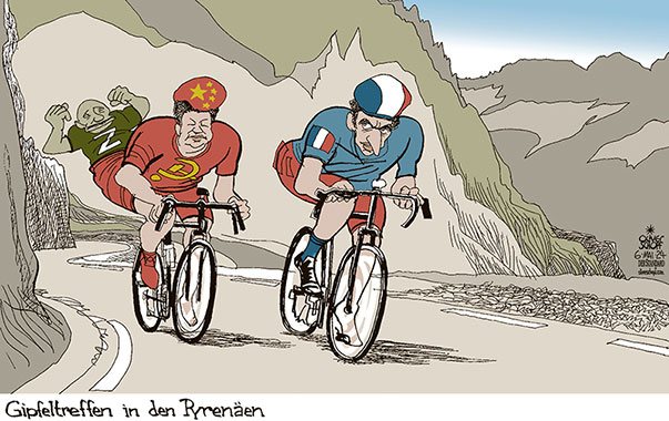 Oliver Schopf, politischer Karikaturist aus Österreich, politische Karikaturen aus Österreich, Karikatur Cartoon Illustrationen Politik Politiker Europa 2024: FRANKREICH CHINA MACRON XI JINPING STAATSBESUCH PYRENÄEN COL DU TOURMALET TOUR DE FRANCE RAD RADRENNEN BERGETAPPE PUTIN 



 















