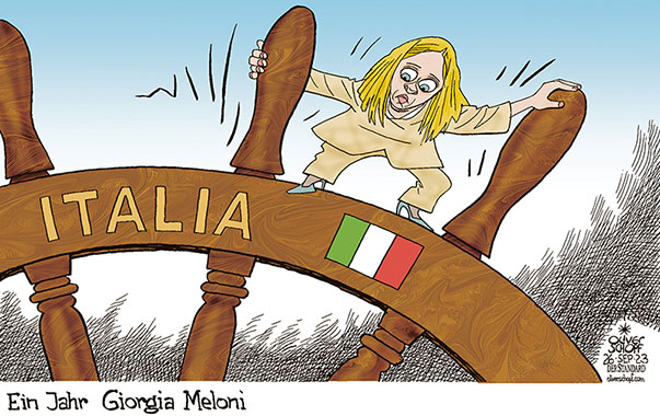 Oliver Schopf, politischer Karikaturist aus Österreich, politische Karikaturen aus Österreich, Karikatur Cartoon Illustrationen Politik Politiker Europa 2023: ITALIEN GIORGIA MELONI PREMIERMINISTERIN EIN JAHR STEUER STEUERRAD SCHIFF AM RUDER RECHTS












