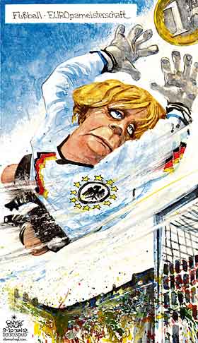 Oliver Schopf, politischer Karikaturist aus Österreich, politische Karikaturen aus Österreich, Karikatur Illustrationen Politik Politiker Europa 2012 MERKEL EURO FUSSBALL EM 2012 TORWART PARADE TOR STADION FISKALPAKT BONDS
 
   