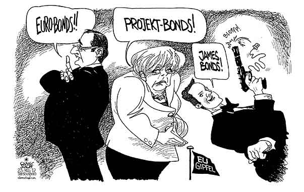 Oliver Schopf, politischer Karikaturist aus Österreich, politische Karikaturen aus Österreich, Karikatur Illustrationen Politik Politiker Europa 2012 MERKEL HOLLANDE CAMERON EU GIPFEL EURO BONDS JAMES BOND
 
   