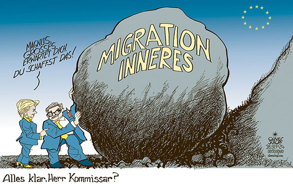 Oliver Schopf, politischer Karikaturist aus Österreich, politische Karikaturen aus Österreich, Karikatur Cartoon Illustrationen Politik Politiker Europa 2024: EU EUROPÄISCHE UNION KOMMISSION KOMMISSAR MIGRATION INNERES MAGNUS BRUNNER URSULA VON DER LEYEN SISYPHOS STEIN WÄLZEN WIR SCHAFFEN DAS 



 















