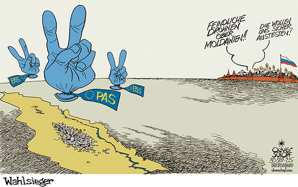 Oliver Schopf, politischer Karikaturist aus Österreich, politische Karikaturen aus Österreich, Karikatur Cartoon Illustrationen Politik Politiker Europa @oliverschopf.bsky.social 2025: MOLDAWIEN PARLAMENTSWAHLEN PAS SIEGER PRO EUROPA ORIENTIERT VICTORY ZEICHEN DROHNEN MOSKAU KREML DROHUNG 










 



