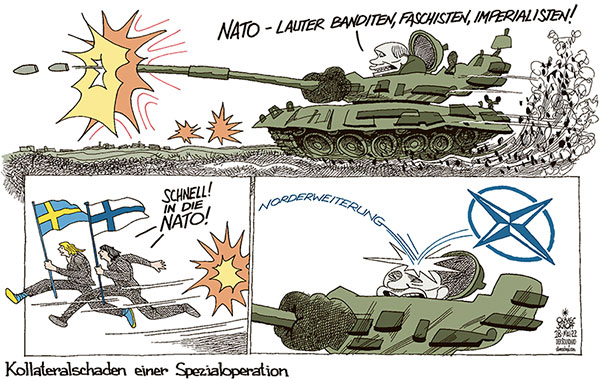 Oliver Schopf, politischer Karikaturist aus Österreich, politische Karikaturen aus Österreich, Karikatur Cartoon Illustrationen Politik Politiker Europa 2022: NATO BEITRITT ANTRAG SCHWEDEN FINNLAND SWEDEN FINLAND NORDERWEITERUNG UKRAINE KRIEG PUTIN PANZER KOLLATERALSCHADEN SPEZIALOPERATION 
 
