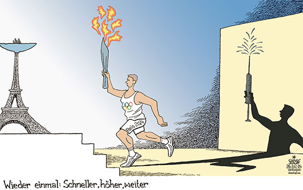 Oliver Schopf, politischer Karikaturist aus Österreich, politische Karikaturen aus Österreich, Karikatur Cartoon Illustrationen Politik Politiker Europa 2024: OLYMPISCHE SPIELE PARIS FEUER ENTZÜNDEN SCHALE FACKELTRÄGER EIFFELTURM DOPING SCHATTEN SCHNELLER HÖHER WEITER CITIUS ALTIUS FORTIUS 


 















