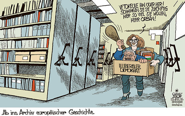 Oliver Schopf, politischer Karikaturist aus Österreich, politische Karikaturen aus Österreich, Karikatur Cartoon Illustrationen Politik Politiker Europa @oliverschopf.bsky.social 2026: UNGARN VIKTOR ORBÁN VETO KEULE EU EUROPÄISCHE UNION ARCHIV GESCHICHTE BIBLIOTHEK BIBLIOTHEKARIN SPEICHER ILLIBERALE DEMOKRATIE














 



