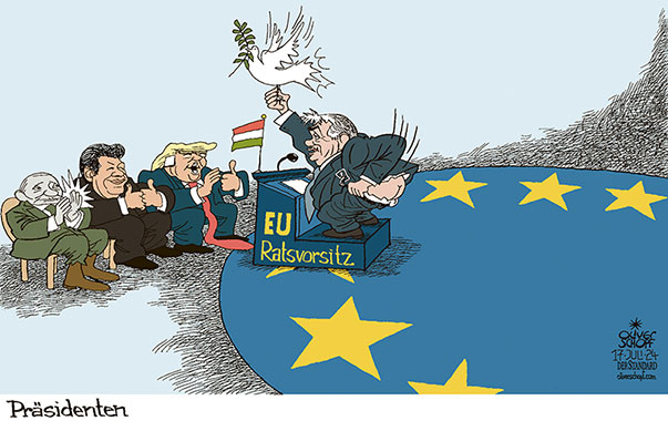 Oliver Schopf, politischer Karikaturist aus Österreich, politische Karikaturen aus Österreich, Karikatur Cartoon Illustrationen Politik Politiker Europa 2024: EU EUROPÄISCHE UNION RATSVORSITZ UNGARN VIKTOR ORBÁN PUTIN XI JINPING TRUMP FRIEDEN FRIEDENSTAUBE VERKEHRT HINTENRUM ARSCH


 















